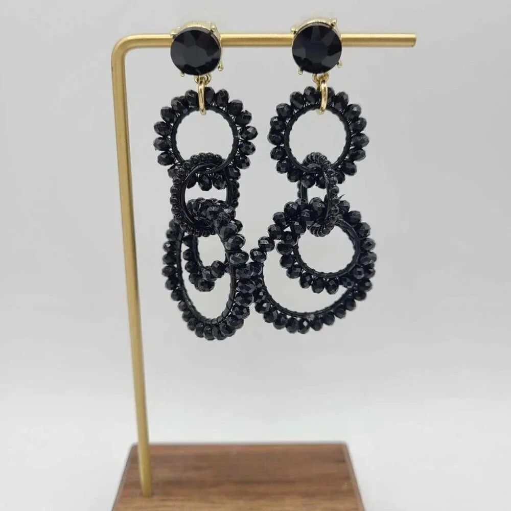 J Crew Black Beaded Interlocking Hoop Earrings NWOT!